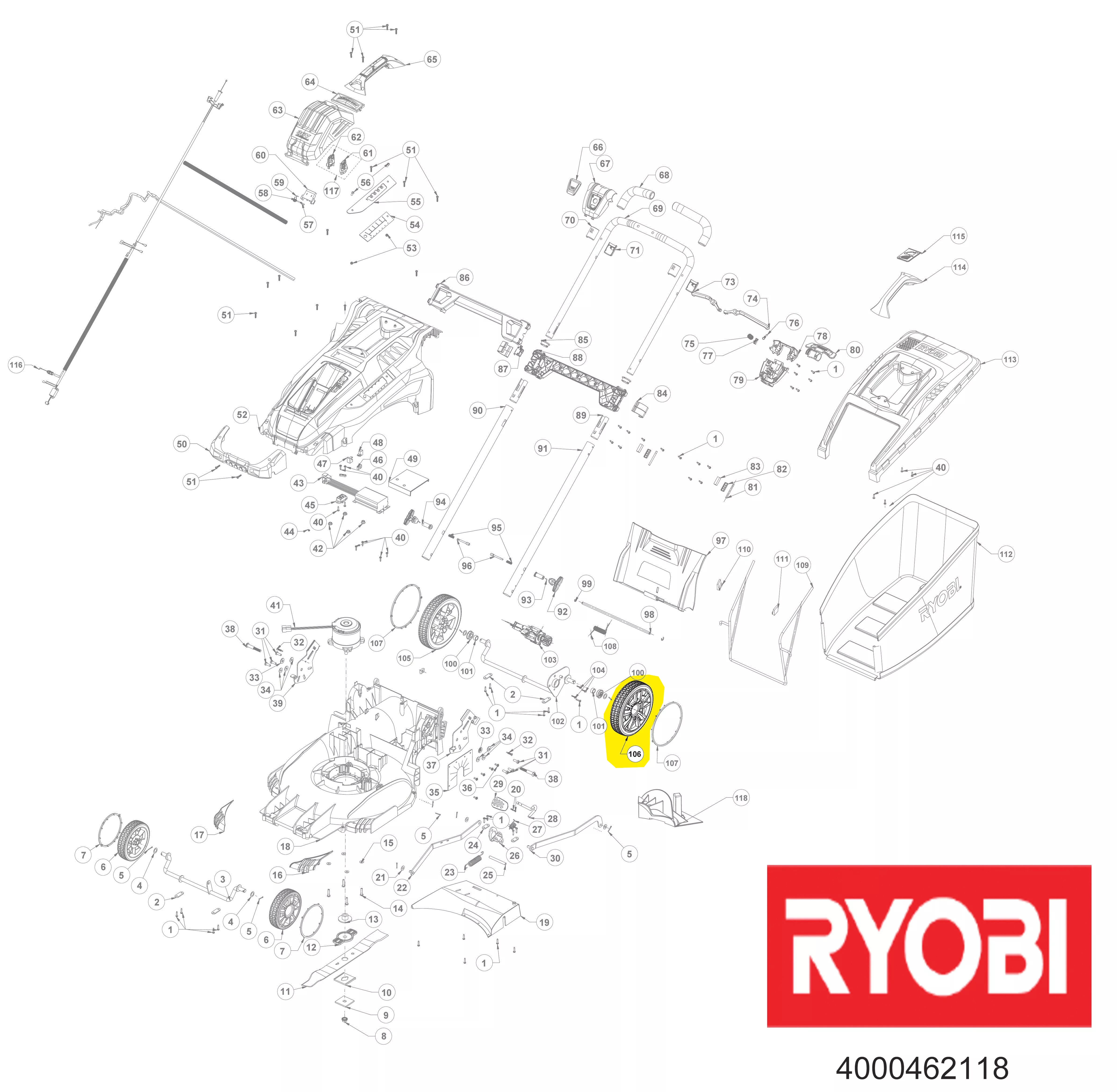 roue arrière tondeuse à gazon réf. 5131040248 Ryobi